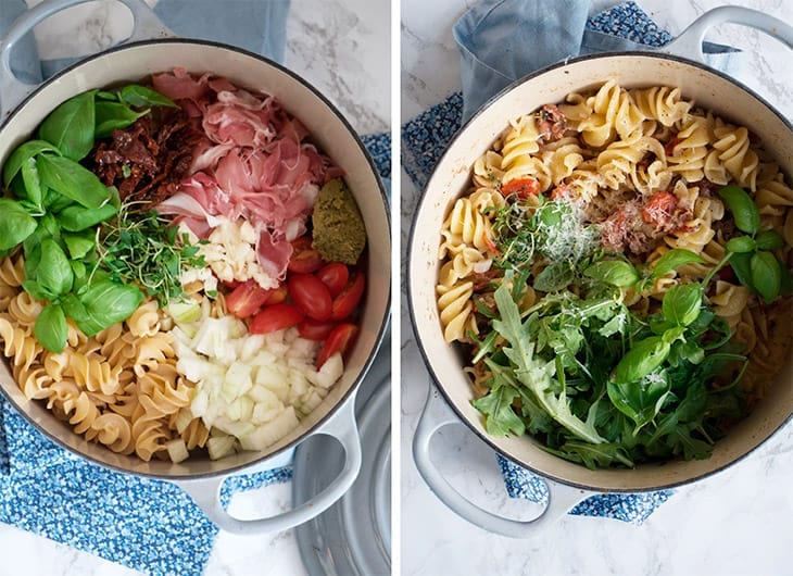 One Pot Pastaskruer med serranoskinke og soltørrede tomater