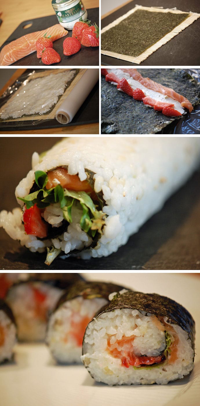 Sushi med laks og jordbær samt lækkert tilbehør -